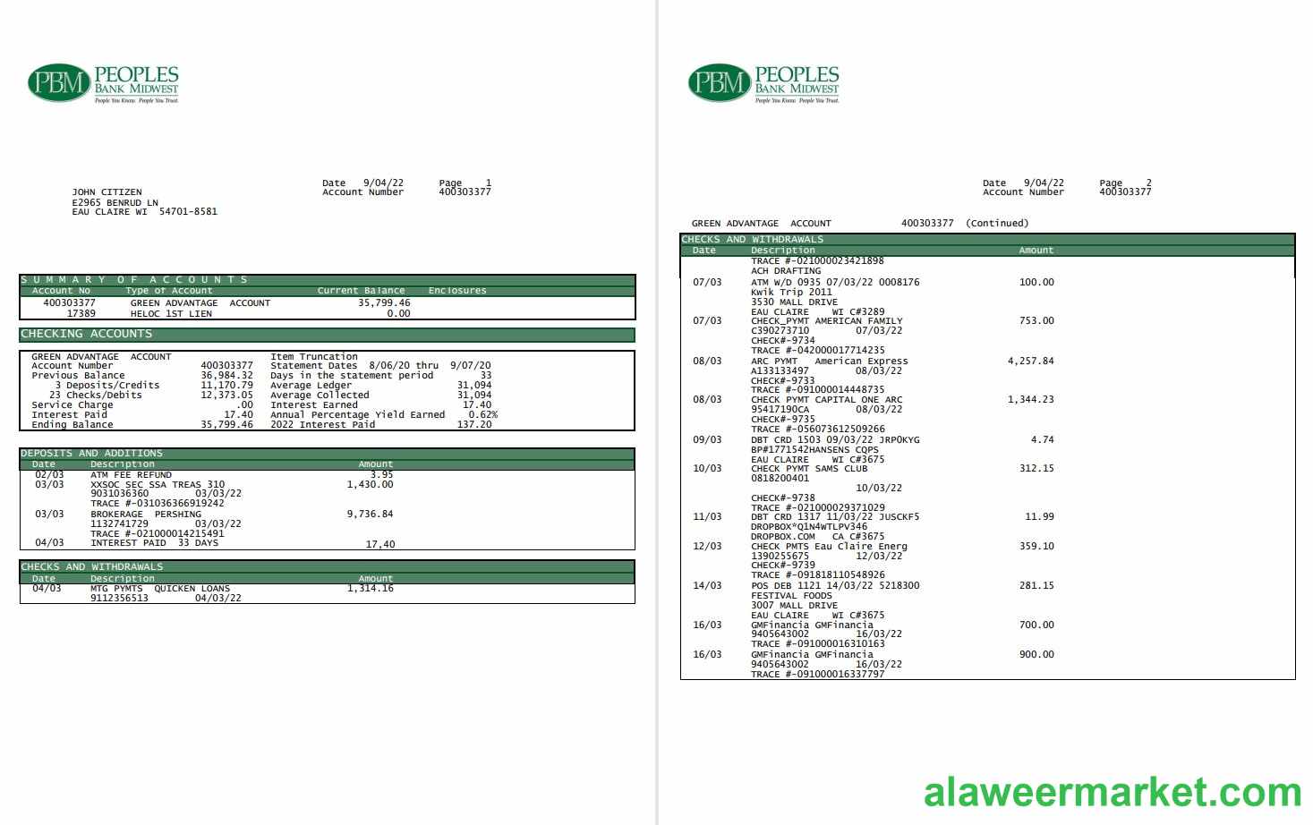 USA Peoples Bank Midwest (PBM) bank statement 5 pages